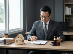 Luật sư ký đơn khởi kiện tranh chấp đất đai, búa gỗ và mô hình nhà nhỏ trên bàn làm việc – biểu tượng pháp lý bảo vệ quyền sử dụng đất