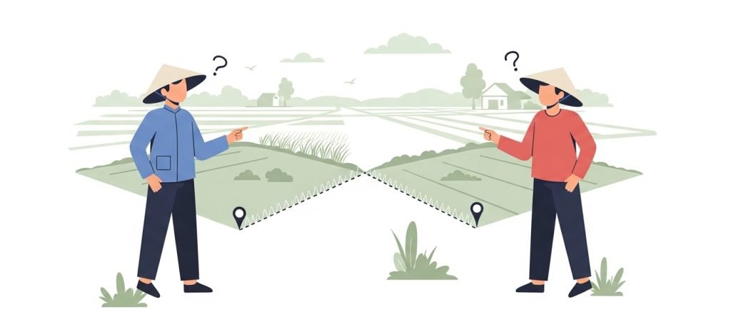 Minh họa tranh chấp đất lấn chiếm giữa hai thửa đất liền kề, ranh giới không rõ ràng