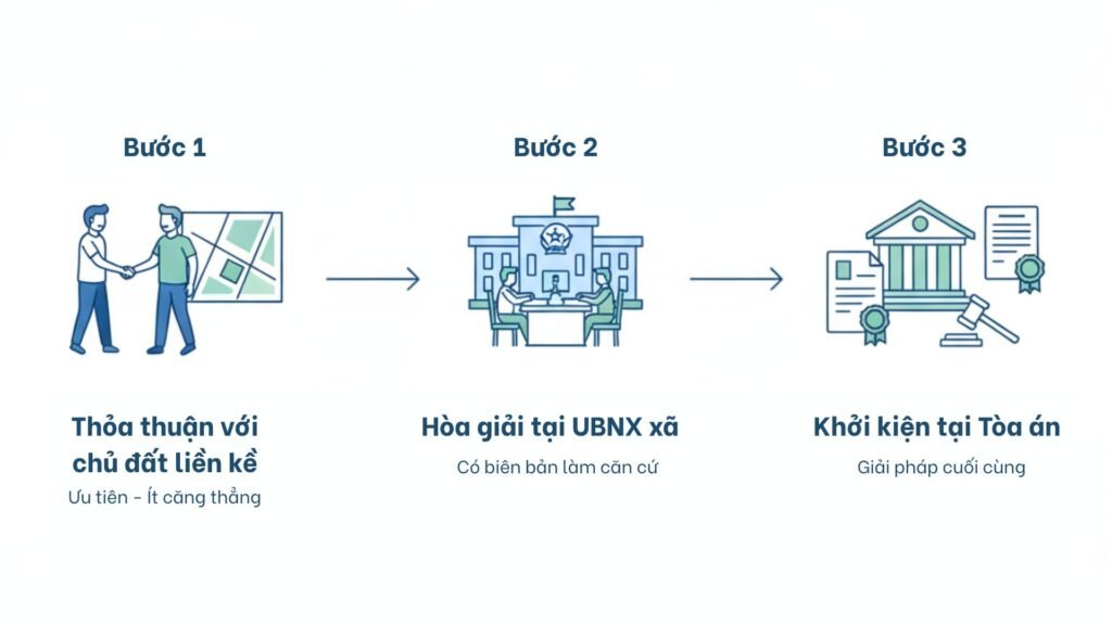 Infographic quy trình giải quyết đất không có lối đi gồm 3 bước: thỏa thuận với chủ đất liền kề, hòa giải tại UBND cấp xã và khởi kiện tại Tòa án.