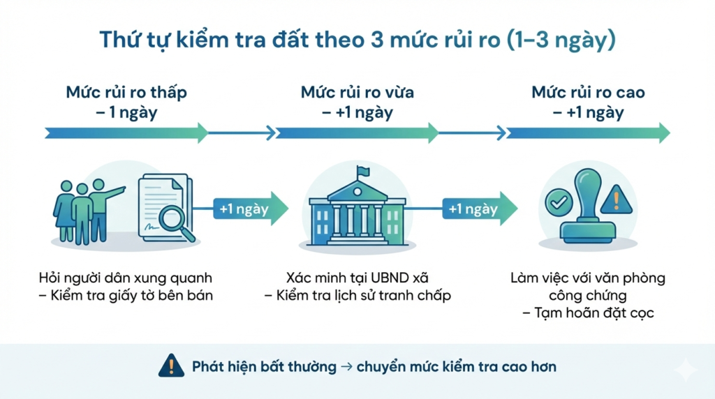 Cách xác định đất có tranh chấp qua infographic hướng dẫn thứ tự kiểm tra theo 3 mức rủi ro trong 1–3 ngày, từ hỏi dân cư, xác minh UBND xã đến làm việc với công chứng.