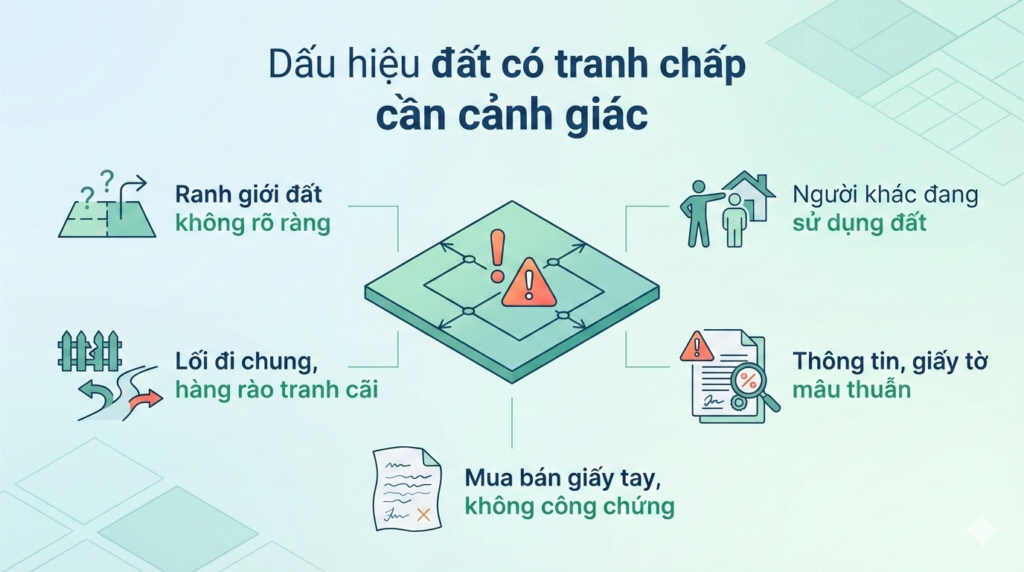 Cách xác định đất có tranh chấp qua infographic tổng hợp các dấu hiệu phổ biến như ranh giới đất không rõ ràng, lối đi chung, người khác sử dụng đất, giấy tờ mâu thuẫn và mua bán giấy tay