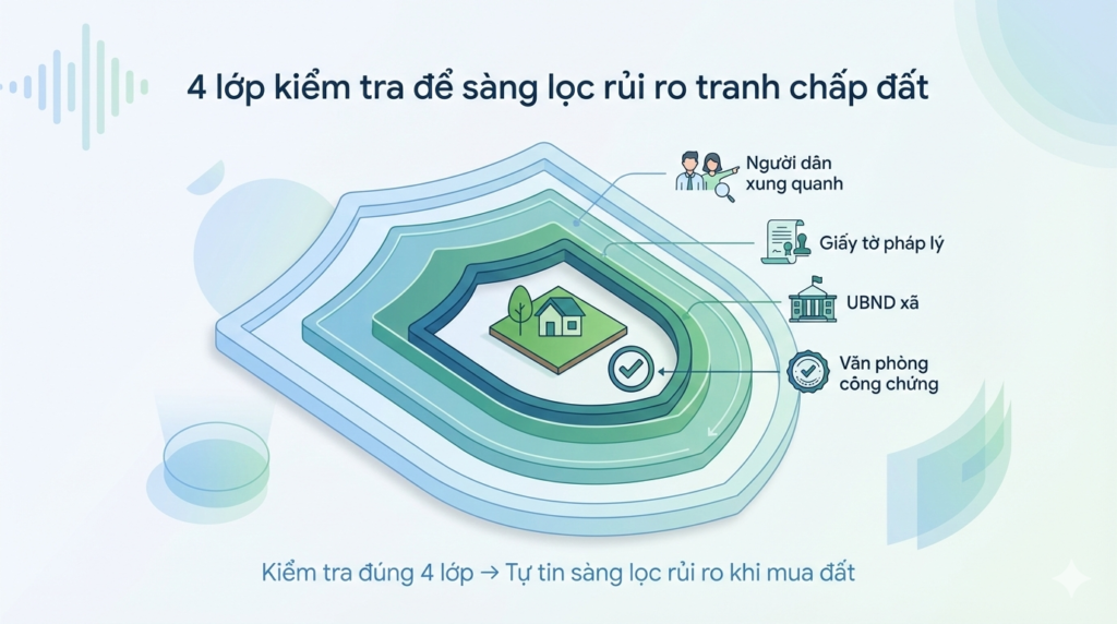 Cách xác định đất có tranh chấp thông qua illustration 4 lớp kiểm tra gồm người dân xung quanh, giấy tờ pháp lý, xác minh UBND xã và rà soát tại văn phòng công chứng