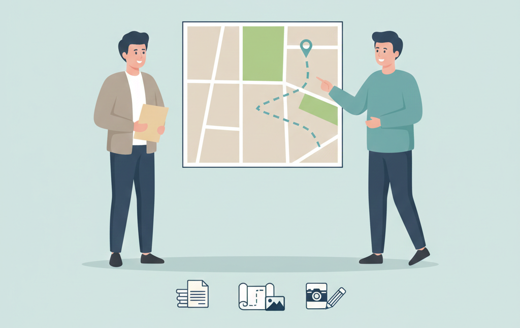 Những thông tin nên mang theo khi thỏa thuận mở lối đi qua illustration minh họa chuẩn bị giấy tờ đất, bản đồ thửa đất, hình ảnh hiện trạng và sơ đồ lối đi đề xuất.